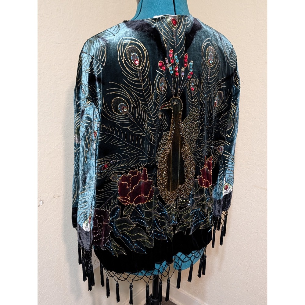Drapers & Damons Silk Velvet Peacock Beaded Tassel Kimono Jacket Teal Black